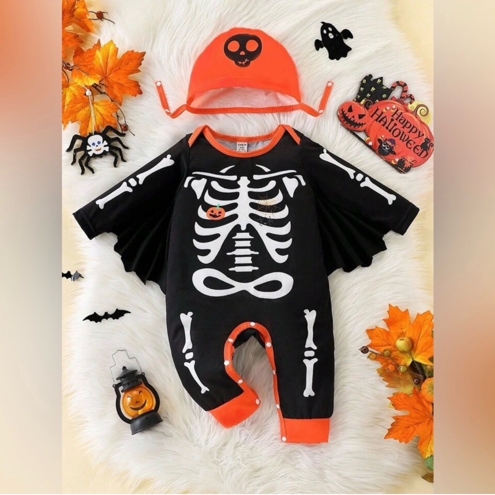 SHEIN Black & Orange Baby Skeleton Halloween Romper with Skull Hat size 9-12 M